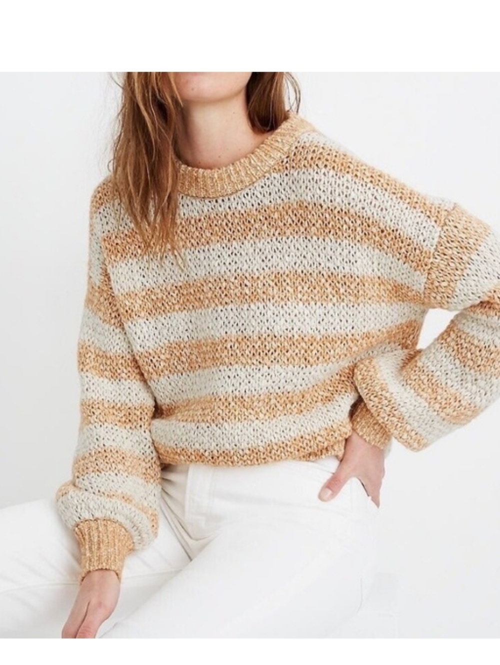 Madewell Open Knit Apricot Orange and Cream Striped Crewneck Sweater Size Xs